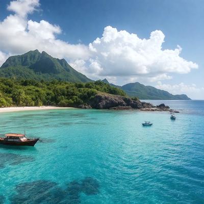 The primary subject of the image is a boat floating on a large body of water, surrounded by a beautiful landscape. The boat is situated in the middle of the scene, with mountains visible in the background. The visual style of the image is a photo, capturing the natural beauty of the environment. The colors and mood of the image are vibrant and serene, with the blue water and green mountains creating a sense of tranquility and wonder.